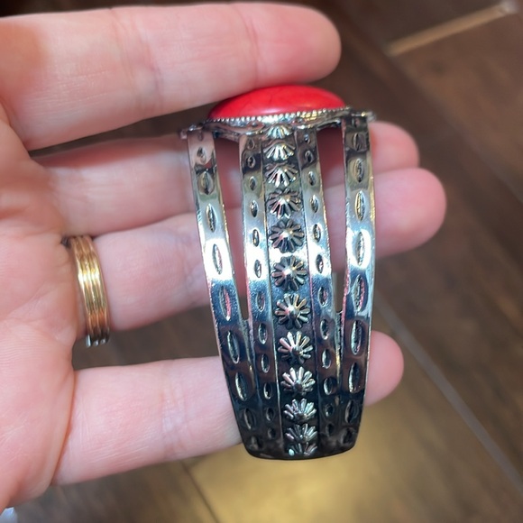 Red Stone Silver Cuff Bracelet - Picture 5 of 5